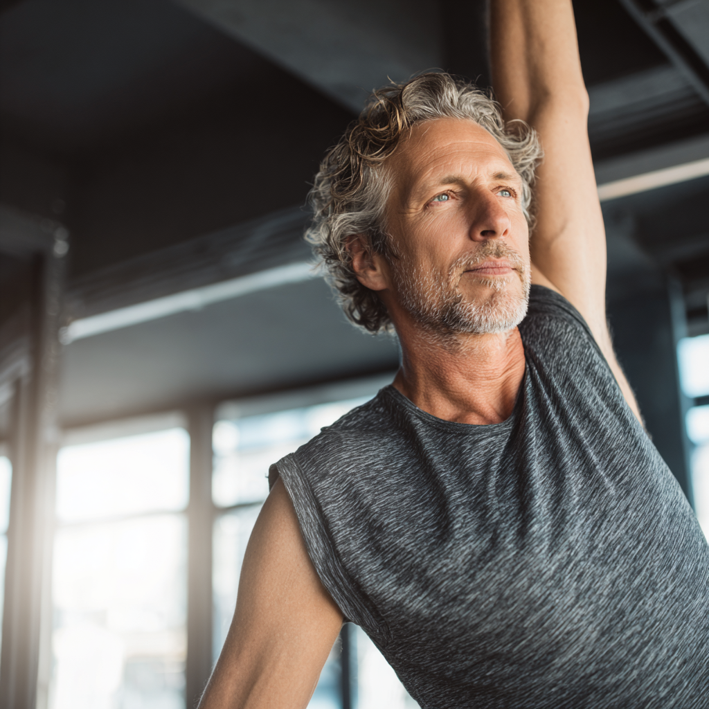 Confident man in his 50s with graying hair wearing workout clothes, performing stretching exercises in a bright modern gym, demonstrating flexibility and balance