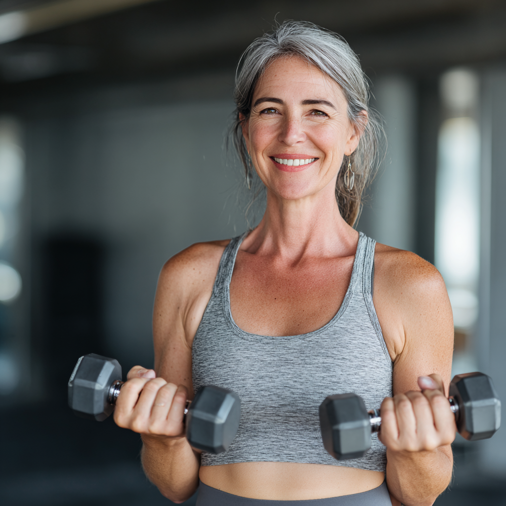 Professional middle-aged woman in her 40s wearing athletic wear, smiling confidently while holding dumbbells in a modern fitness studio with natural lighting